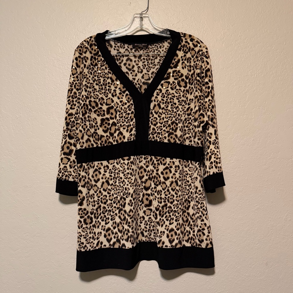 Brittany Black, Women’s Leopard Print V Neck 3/4 Sleeve Blouse, Plus Size 2XL